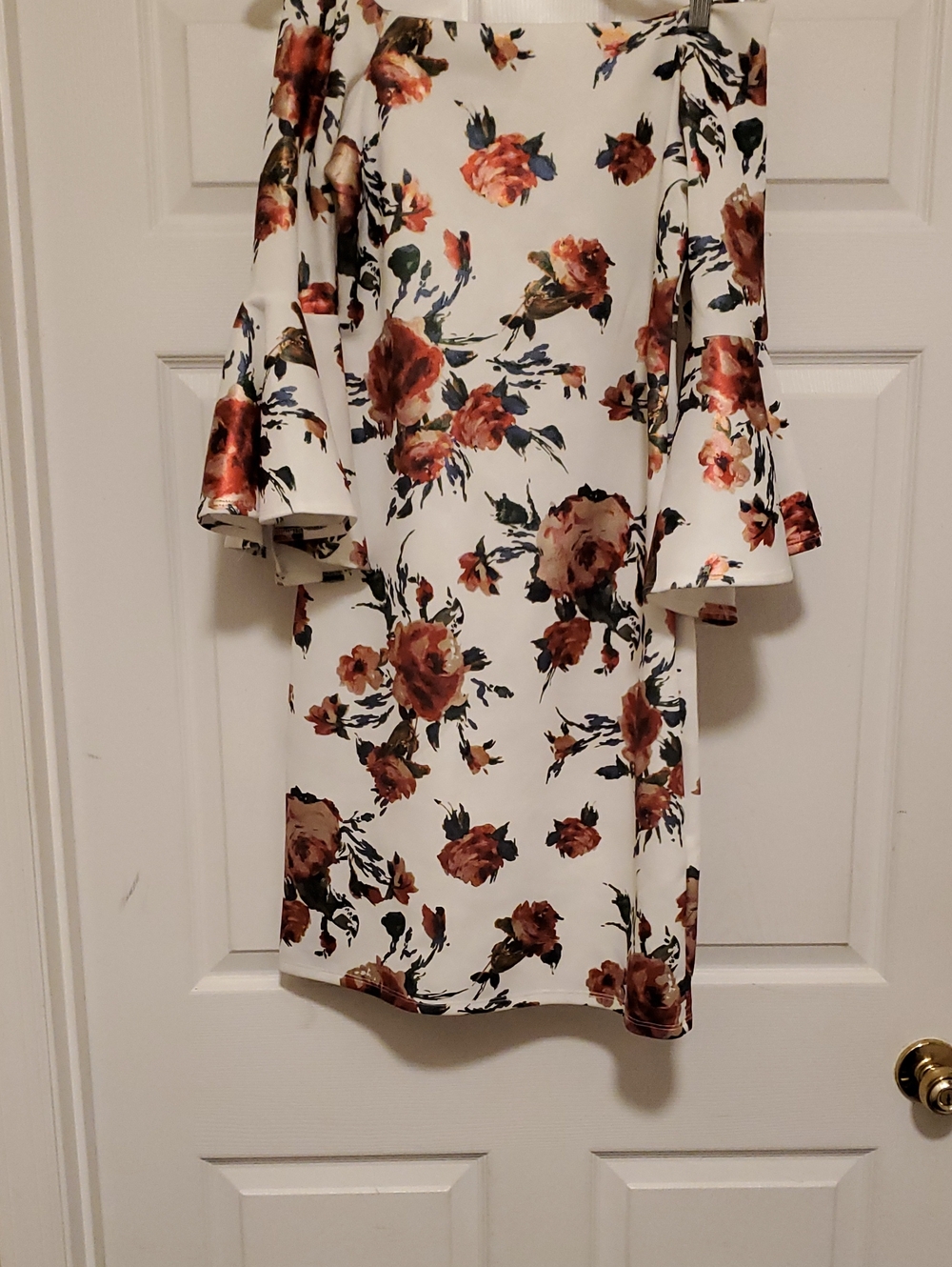 Olivia Matthews Cream Mini Dress with Rust Floral Print and Bell Sleeves